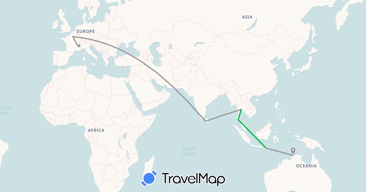 TravelMap itinerary: bus, plane in Australia, France, Indonesia, Sri Lanka, Thailand (Asia, Europe, Oceania)